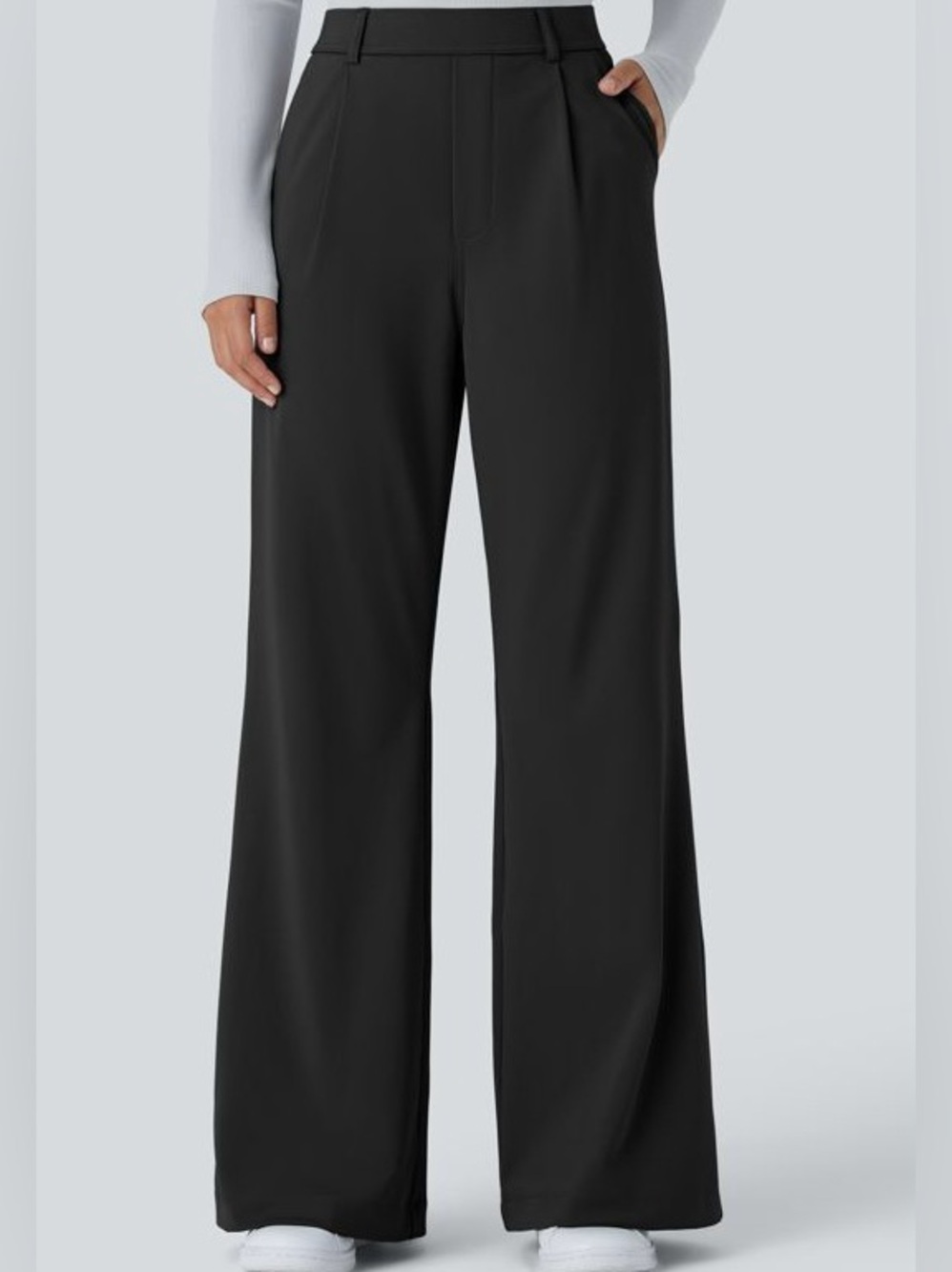 Halara High Waisted Wide Leg Pleated Work Pants L Black Elastic Waist Office EUC